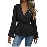JOAU Women's Business Casual Peplum Tops Dressy Long Sleeve Wrap V Neck Double-Breasted Work Blouse Ruffle Babydoll Shirts Black