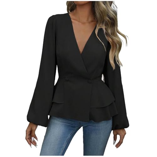 JOAU Women's Business Casual Peplum Tops Dressy Long Sleeve Wrap V Neck Double-Breasted Work Blouse Ruffle Babydoll Shirts Black