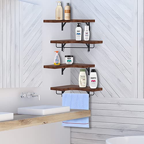 Buwico Corner Floating Shelves, 4 Pack Rustic Solid Wood Wall Shelves With Towel Bar For Bedroom, Living Room, Bathroom, Kitchen, Office #TOP5
