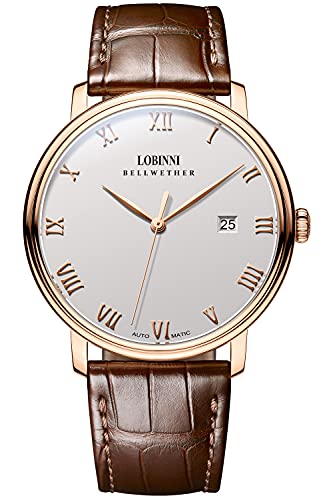 Preisvergleich Produktbild Lobinni Townsman Herren-Armbanduhr aus Edelstahl und Leder, lässig, automatisch, mechanisch, modisch, luxuriös, Rosé-Weiß-Braun