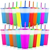 20 Piezas Vasos Reutilizables De Plastico, 710ml Vasos De PláStico De Colores, Cambia De Color En Agua FríA, Con Tapa Y...