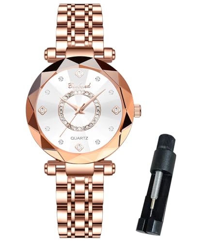 BINBOND Watches for Women Rose Gold Luxury Diamond Fashion Elegant Dress Stainless Steel Ladies Female Wrist Watch Gift Waterproof, White, watches for women