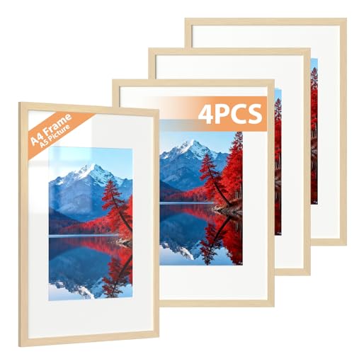 Alyvisun - Alyvisun 4 Pcs A4 Cadre, Cadre Photo A4 Display Pictures 14x20 cm avec Passe-Partout ou 19,7x22,6 cm sans Passe-Partout, Cadre Photo Horizontal et Vertical pour Mur ou Table, Ton Bois