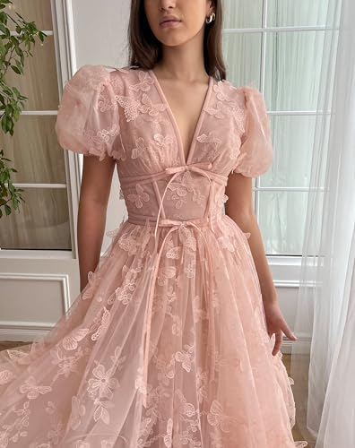 Tulle Prom Dresses Long 3D Butterfly Embroidery Evening Dress with Sleeves V Neck A Line Formal Wedding Party Gowns4