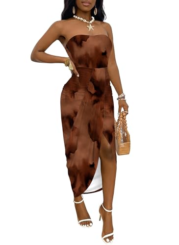 Image of Umenlele Women's Strapless Ruched High Waist Wrap Split Asymmetrical Beach Maxi Long Dress