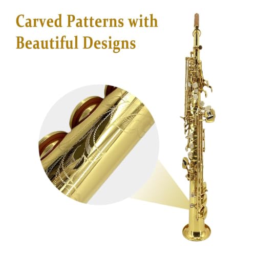 Image of Soprano Saxophone Straight Bb B Flat Brass Straight Soprano Saxophone with Case, Mouthpiece,Reeds & Accessories Brass Woodwind Instrument for Beginners,Adults & Advanced Players
