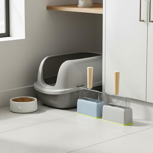Image of Hiceeden 2 Pack Fast Sifting Cat Litter Scoop with Stand, Metal Kitty Litter Scoop Holder with Wooden Handle, Easy Clean Cat Poop Scooper for Kitten Litter Box, Gray and Blue