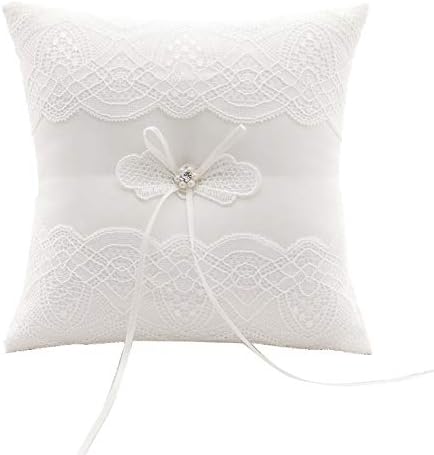 Ivory Satin and Lace Pearl Wedding Ring Bearer Pillow Cushion Embroider Flower Lace with Bow, 7.9 Inch Ring Bearer for Beach Wedding