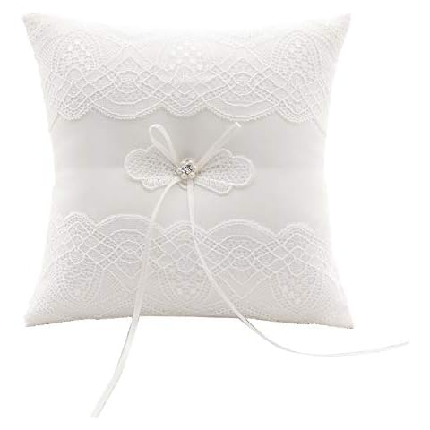 GuiHe Ivory Satin and Lace Pearl Wedding Ring Bearer Pillow Cushion Embroider Flower Lace with Bow, 7.9 Inch Ring Bearer for Beach Wedding Cover