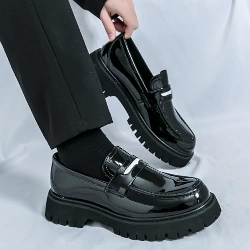 Mens Fashion Patent Leather Platform Slip-On Dress Penny Loafers Round Toe Chunky Heels Non-Slip Casual Shoes for Formal Business Wedding Prom4
