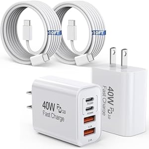 10FT iPhone 17 16 15 Pro Charger,2Pack 10Foot USB C to C Woven Cable Cord 40W USB C Apple Charger 4 Port PD&AC Charge Block Fast Charging for iPhone 17 Air/17 16 15 Pro Max/16e/16 Plus/15/15 Pro/iPad