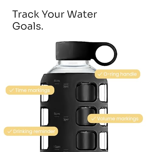purifyou 40oz / 32oz / 22oz / 12oz Borosilicate Glass Water Bottle with Time & Volume Markers, Silicone Sleeve, Stainless Steel Lid | Reusable Glass Bottle for Water & Juice (40oz Jet Black)