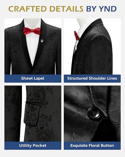 YND Men's Velvet Floral Blazer, One Button Tuxedo Jacket, Shawl Lapel Suit Coat for Dinner Prom Party Wedding4