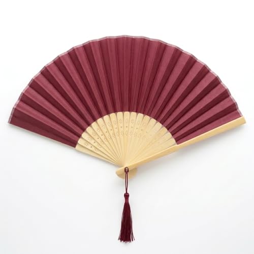 Image of Fabric Handheld Folding Hand Fan with a Tassel Grade A Bamboo Ribs for Women Girls Summer Party Event Favor Birthday Wedding Souvenir Gift (Dark Red)