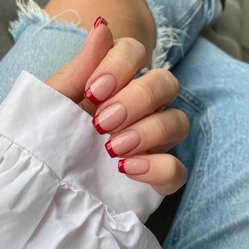30 Pcs Red French Tip Press on Nails Short Square Nails Press ons, Short Fake Nails Coffin Acrylic Nails Christmas Natural French False Nails Short Glue on Nails for Women 15 Sizes
