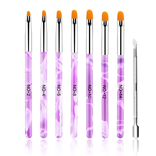 7 Stück Pinselset für Nailart, Acryl Gel Nagel Pinsel Set mit 1 Stück Nagelhautschieber, Perfekt für Nageldesign Entwurf Cover
