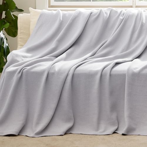 Image of Bedsure 100% Cotton Blanket, Herringbone Weave, Full, Cool Grey