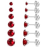 6 Pairs Stud Earrings Set, Hypoallergenic Cubic Zirconia Earrings 316L Stainless Steel CZ Earrings 3-8mm (Red CZ)