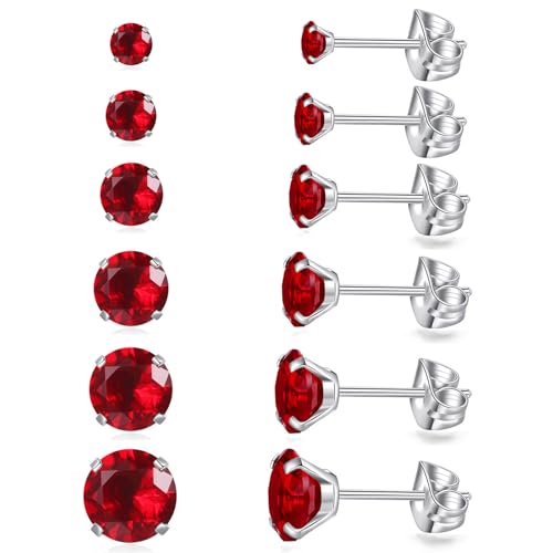 6 Pairs Stud Earrings Set Hypoallergenic Cubic Zirconia Earrings 316L Stainless Steel CZ Earrings 3-8mm (Red CZ)
