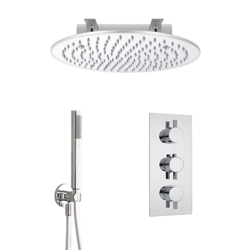 Milano Mirage Thermostatic Mixer Valve 400Mm Round Recessed Shower Head Handset - Chrome
