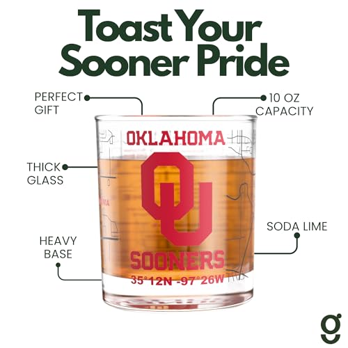 Image of Greenline Goods University of Oklahoma Sooners Whiskey Glasses Set of 2, 10 oz Rocks Glasses with Full-Color Logo & Campus Map - Officially Licensed Bourbon Glass Gift for Alumni & Fans