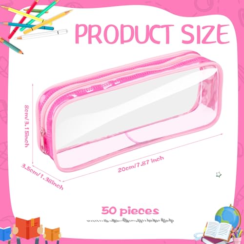 Image of Fainne 50 Pcs Clear Pencil Pouch Bulk Clear Pencil Case Bag 7.87x 1.38 Inch PVC Waterproof Travel Toiletry Makeup Zipper Pouches for Office Stationery Travel Storage(Pink)