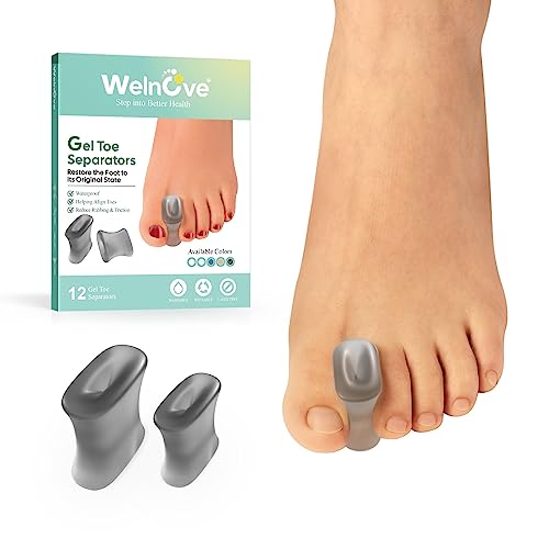 Image of Welnove 12-Pack Gel Toe Separators - Bunion Pads - Toe Spacers for Straightening Overlapping Toes for Men and Women - Transparent Black