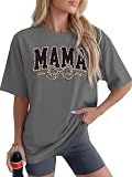 Mama Shirts for Women 2026 Oversized Mama Letter Print Cute Bow Mom Life Tshirts Mom Short Sleeve Casual Trendy Graphic Tees Dark Grey