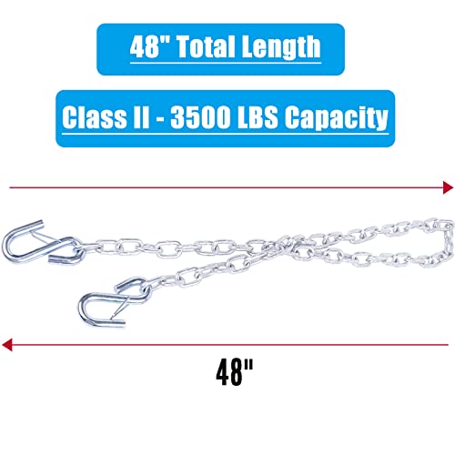 Image of 48 inch Extra Long Trailer Safety Chain w /Dual 1 /4 inch Hooks 3500 lbs | Grade 30 zinc-plated steel tow chains w / dual 1 /4 inch spring hooks. 3,500 lbs capacity for RV, boat & utility trailer, 2 Pack.