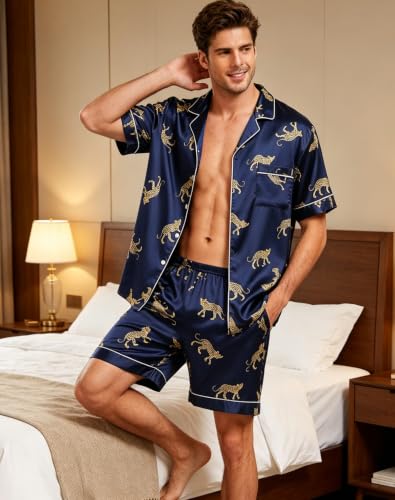 Image of SWOMOG Men Satin Silk Pajamas Sets Short Sleeve Sleepwear Button-Down PJs Sets Two-Pieces Loungewear with Pockets