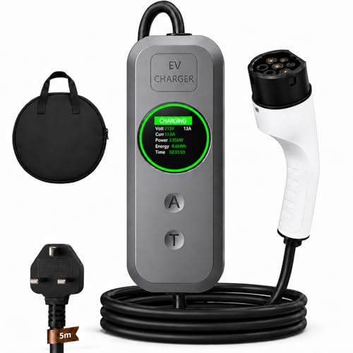 EV Charger 3 Pin Plug Type 2 5M 3.5kW Electric Car Charger Cable Adjustable 6/8/10/13A Portable EV Charging Cable with LED Display for UK 3 Pin Socket EV & PHEV
