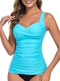 RELLECIGA Women's Tummy Control Tankini Top Twist Bathing Suit Top Ruched Swimsuit (Sky Blue, Large)