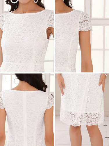 Image of Women's Floral Lace Dress Cap Sleeve Boat Neck Cocktail Midi Wedding Guest Dresses