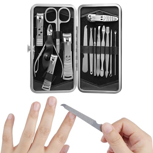 H&S Set Manicura y Pedicura para Hombre y Mujer - 14uds - Kit de Acero Inoxidable para el Cuidado de las Uñas - Quitacutículas y Cortauñas con Estuche de Cuero - Negro