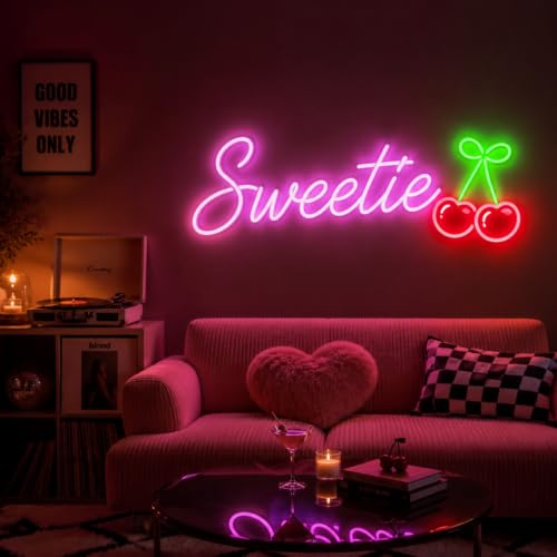 Image of Custom Name with Cherry Neon Sign for Wall Decor Personalized LED Neon Light Sign for Wall Art Nursery Girl Bedroom Birthday Party Christmas Kid's Gift