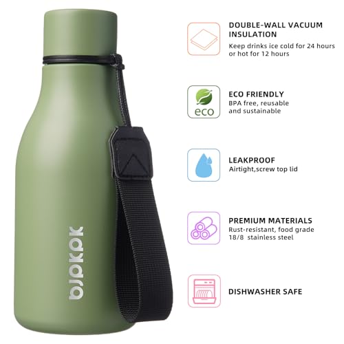 Image of BJPKPK Insulated Water Bottles, 12oz Stainless Steel Metal Water Bottle with Strap, BPA Free Leak Proof Jugs, Mugs, Flasks, Reusable Thermal Flasks for Sports & Travel, Forest Green