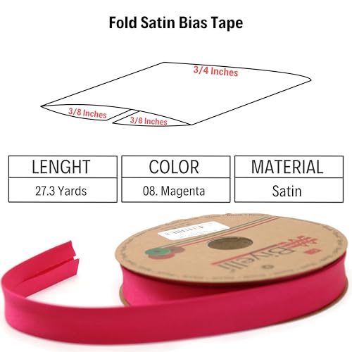 Image of Fold Satin Bias Tape - 99+ Colors - 3 /4 Inches Wide - 27 Yards - Fold Satin Binding Bias Ribbon Fabric Piping Bias Binding Tape for Sewing Clothing DIY (08. Magenta) BYS08