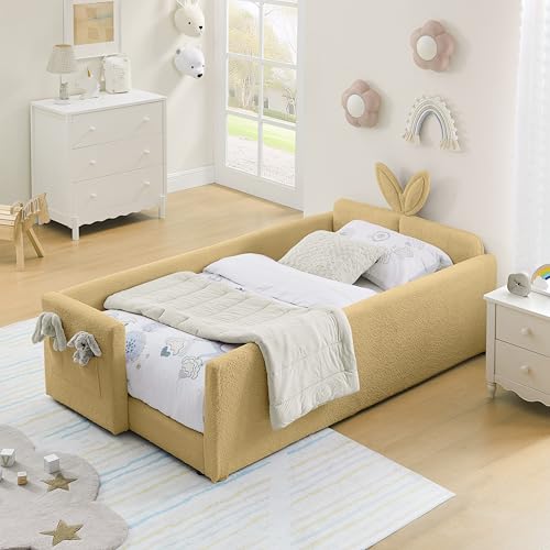 Image of KEIKI Twin Size Upholstered Platform Bed Frame with Guardrail, Slat, Yellow | Boucle Platform Bed with Cute Rabbit Ear Shaped Headboard, Pocket, for Boys and Girls, No Box Spring Required, Easy Assembly