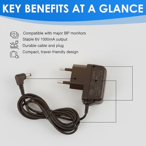 6V Netzteil Ladegerät für Omron Blutdruckmessgeräte M7, M3, M2, M6, M9, M500, M10-IT, 705-IT, 1.5M Ersatz Netzteil Ladekabel für Omron M6 Comfort, M2Classic, M6C und viele andere Modelle