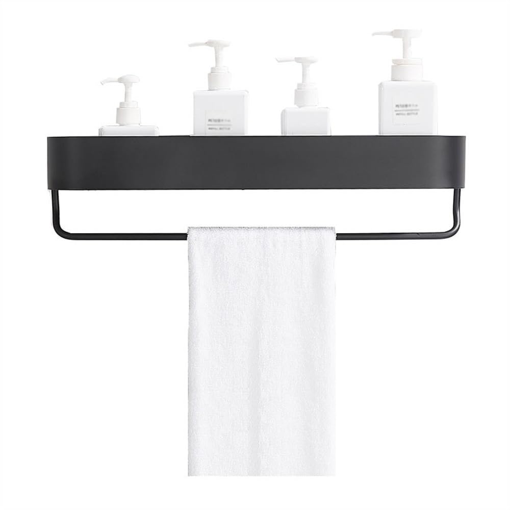 ZwXy2V bathroom shelf Shower Caddy Shelf with Towel Bar Adhesive Wall Mounted Organizer with Round Edges Black Shower