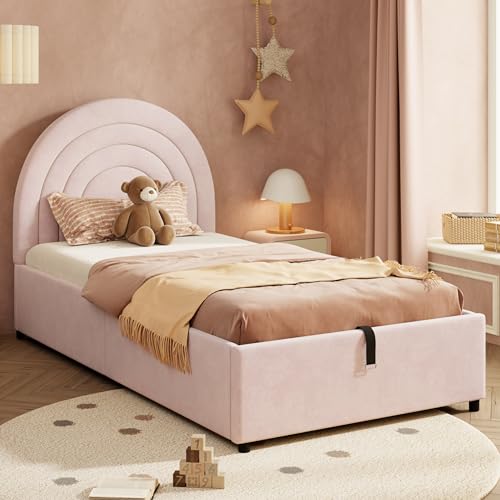 Cama 90x200 cmCon Somier De Láminas y Arcón Hidráulico, Estructura Tapizada De Cama Individual, Cabecero Acolchado y Base Elevable, Perfil De Cama Juvenil, para Habitacion Juvenil Completa