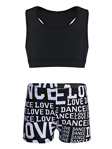 YiZYiF Traje Deportivo Ropa de Deporte Niñas Conjunto Deportivo Yoga Fitness Top Chaleco Shorts Estampados Traje de Baño Letras Maillot Gimnasia Rítmica Negro 10-12 Años