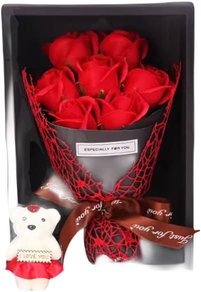 Handmade Rose Soap Bouquet Gift Set with Teddy Bear, Red, 7 Roses in Black Box, Valentine's Day Birthday Gift