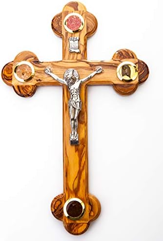 Jerusalem Crucifixo de 14 estações de madeira de oliveira de Bethehem com essências de terra sagrada