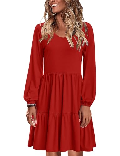 Zeagoo Damen Langarm Kleid Casual Lässig Herbstkleid A Linie Winter Kleider Rundhals Einfarbig Freizeitkleid Rot XL