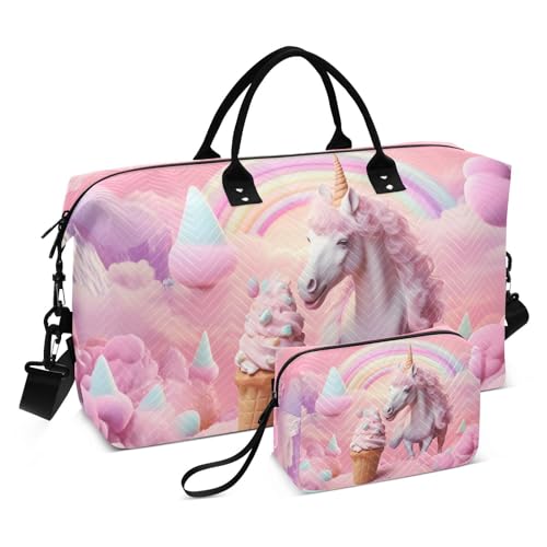 Large Travel Duffel Bag, Ice Cream Horse Rainbow Sports Tote Gym Bag, Shoulder Weekender Overnight Bag for Women Men, Carry On Luggage with Toiletry Bags