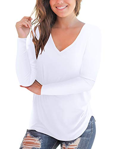 NIASHOT Womens T-Shirt V Neck Long Sleeve Loose Casual Plain Tops White L
