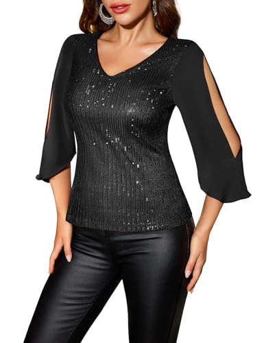 Dressystar Elegant Sequin Tops for Women, V-Neck Long Split Sleeve Blouses for Evening Party, Dressy and Sparkly Bling Shirt