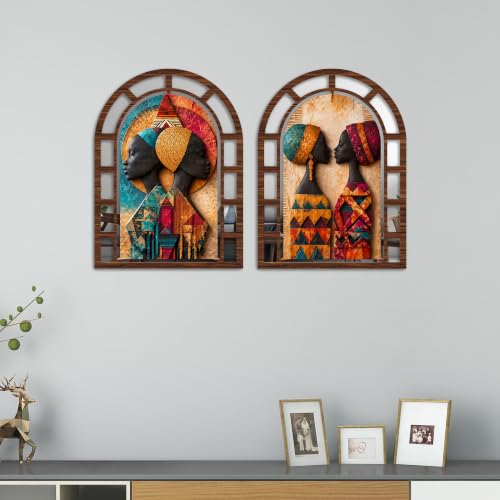Image of Artvibes Ethnic Women Wall Decoration | Wall Hanging Jharokha Mirror for Living Room, Bedroom, Hall, Office, Entrance & Lobby | Gift for Special One (WH 12019N), Set of 2