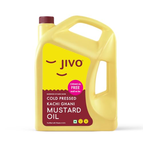 Jivo Premium Cold Pressed Kachi Ghani Mustard Oil, 5 Litre | Contains Omega-3 Ideal for Cooking, Frying, Pickling & Daily Use |